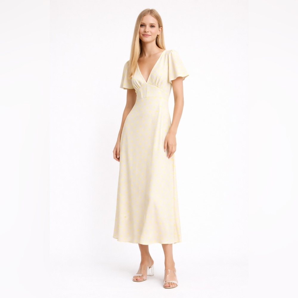 ZARA Polka Dot V-Neck Midi Dress – Neutral & Neon Yellow